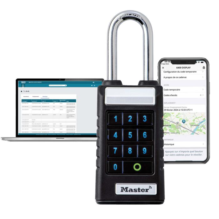 Master Lock 6400EURLJENT Cadenas Bluetooth connecté grand modèle, sécurité renforcée. Etanche avec une longue anse. Accès Bluetooth avec votre smartphone.