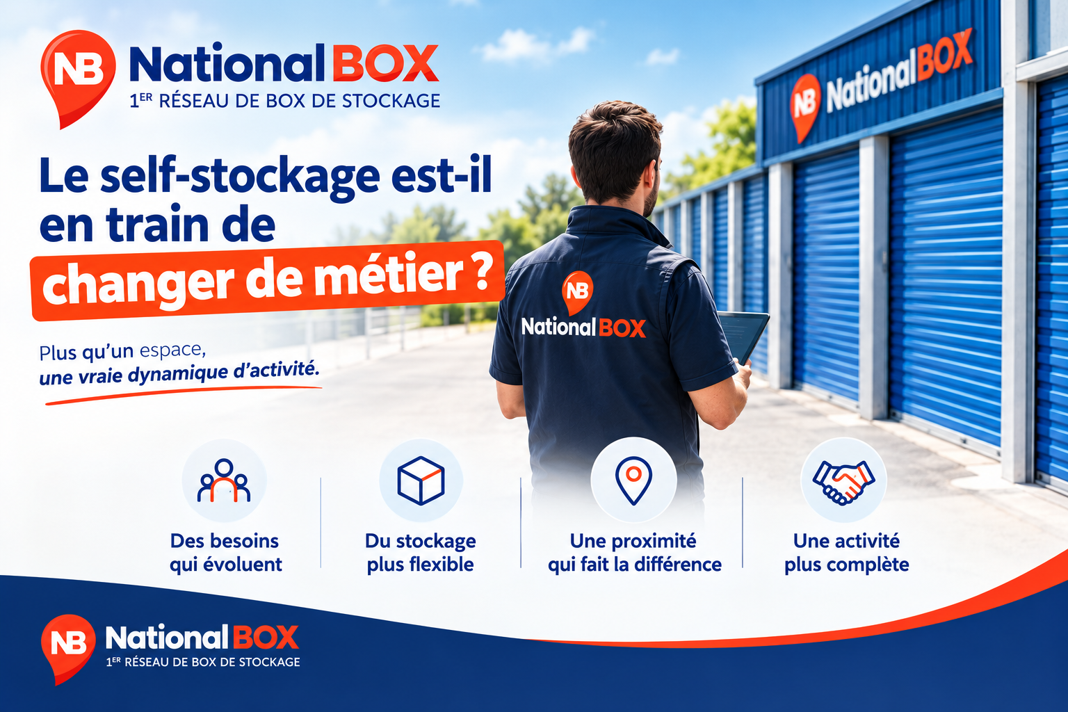Exploitant National Box devant un centre de self-stockage avec des box de stockage professionnels